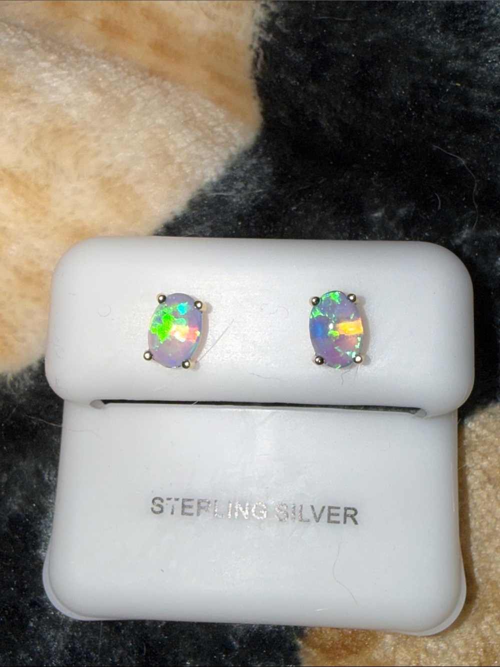 14k gold over 925 Sterling Silver Opal Oval Stud Earrings Iridescent White Opal